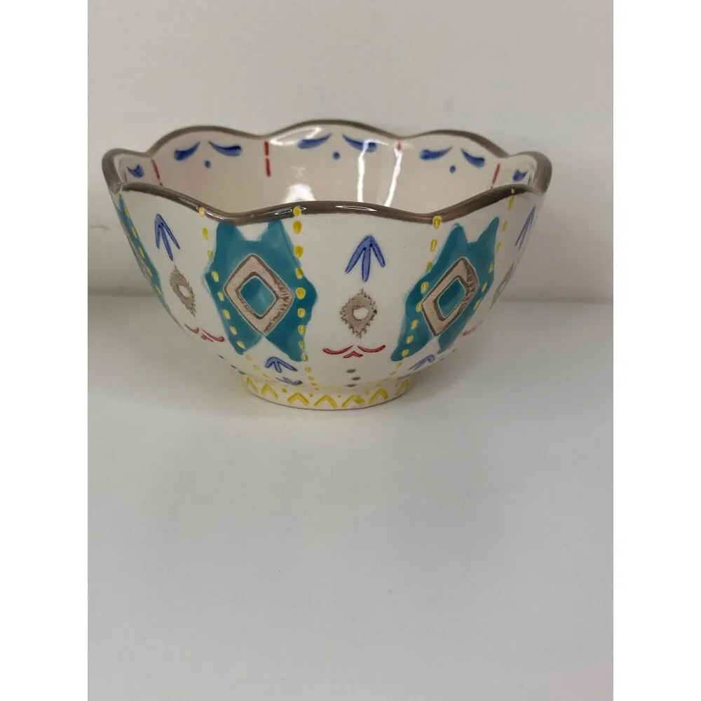 Set Of 4 Hand-Painted Southwest Aztec Boho Ceramic Bowls With Scalloped Edges